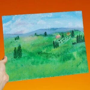 acrylic painting on board pastoral setting of rolling hills in Tuscany Italy